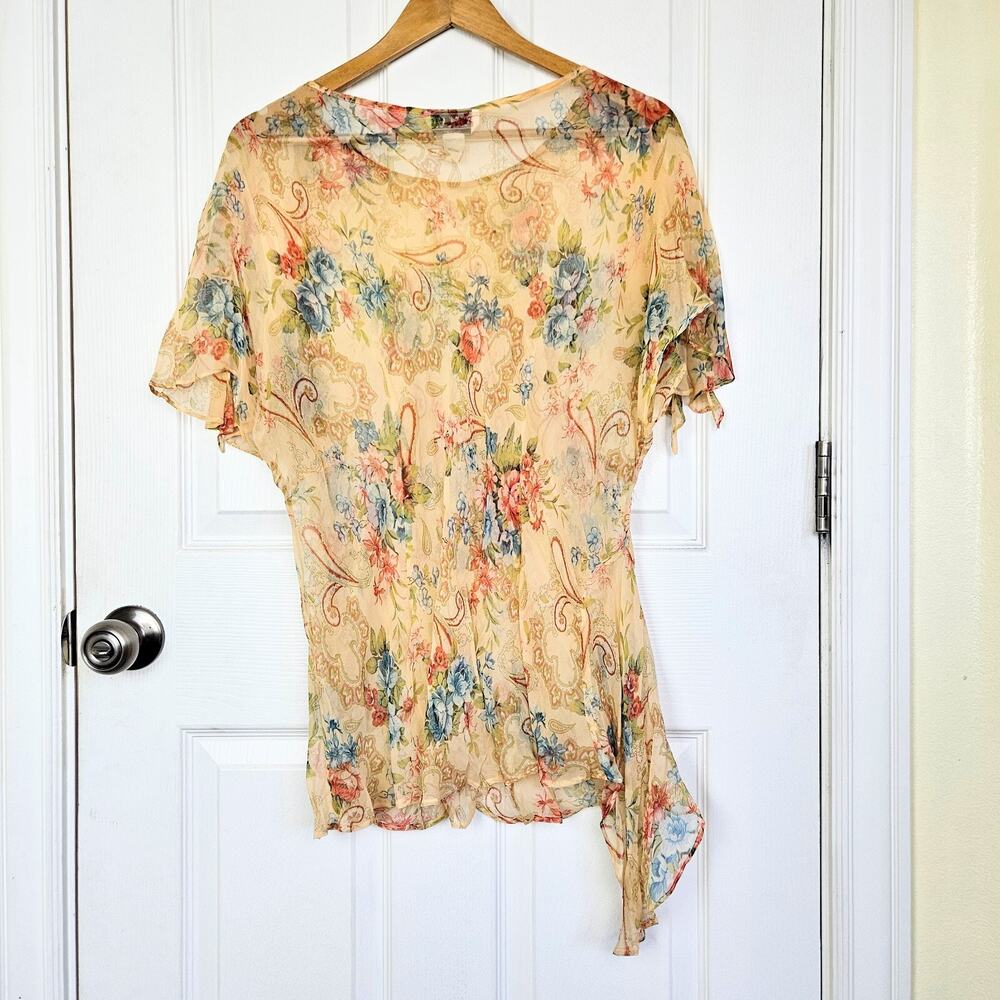 VTG 100% Silk Fairy Top Size 20W Asymmetric Sparkly Sheer Chifffon Paisley Y2Kd
